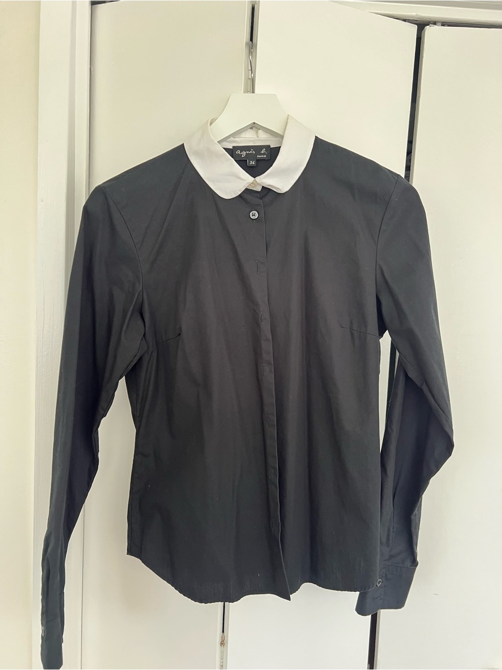 agnès b. 100% Cotton Black Button-Up Shirt with White Peter Pan Collar